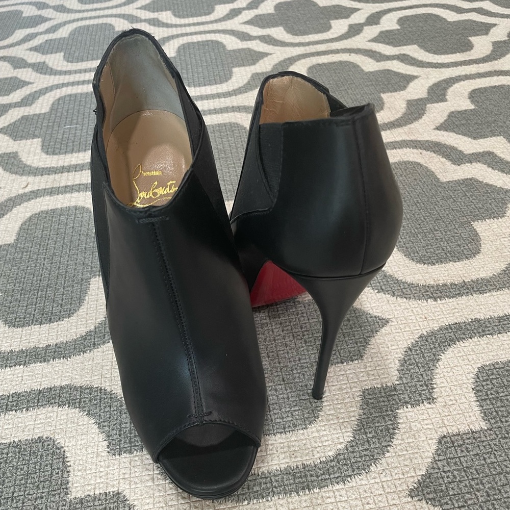 Black Bootstagram Red Sole Peep-Toe Bootie. - Picture 1 of 3